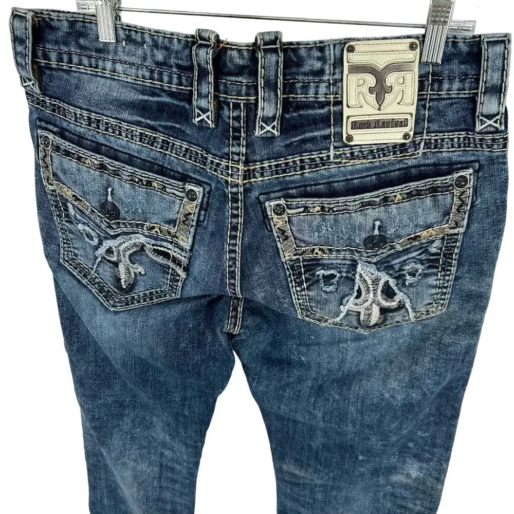 Men's Distressed Rock Revival Pruitt Straight Leg Blue Denim Jeans Embroidered